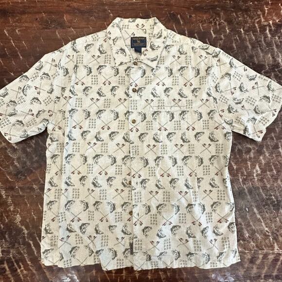 Woolrich Fishing Short Sleeve Shirt L Bass Fish Rod Print Button Up Cotton - Picture 1 of 8